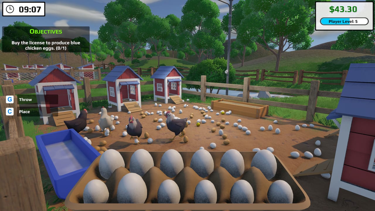 First-person view inside an Eggstreme Farming henhouse with chickens, feed bins, and egg trays