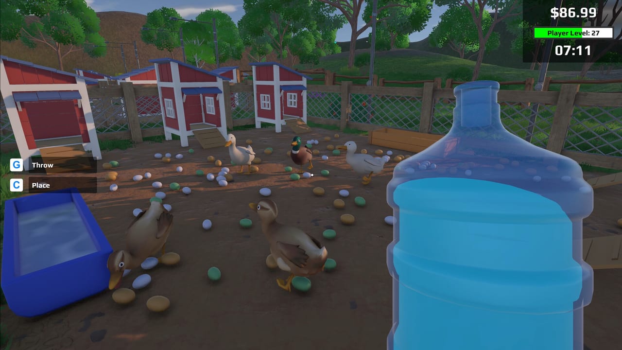 Eggstreme Farming duck pens with coops, a water jug, and mixed eggs on the dirt